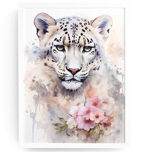 Watercolor Snow Leopard Portrait Wall Art Illustration Print Poster Unframed